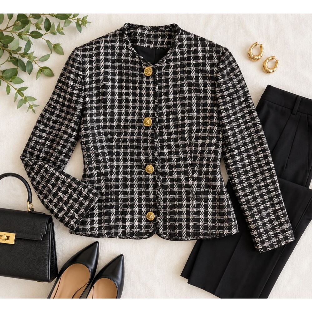 Vintage Doncaster 100% Silk Black White Check Gold Buttons Sz 10 Lined Jacket